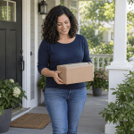 Illustrative photo of a woman holding a delivery box